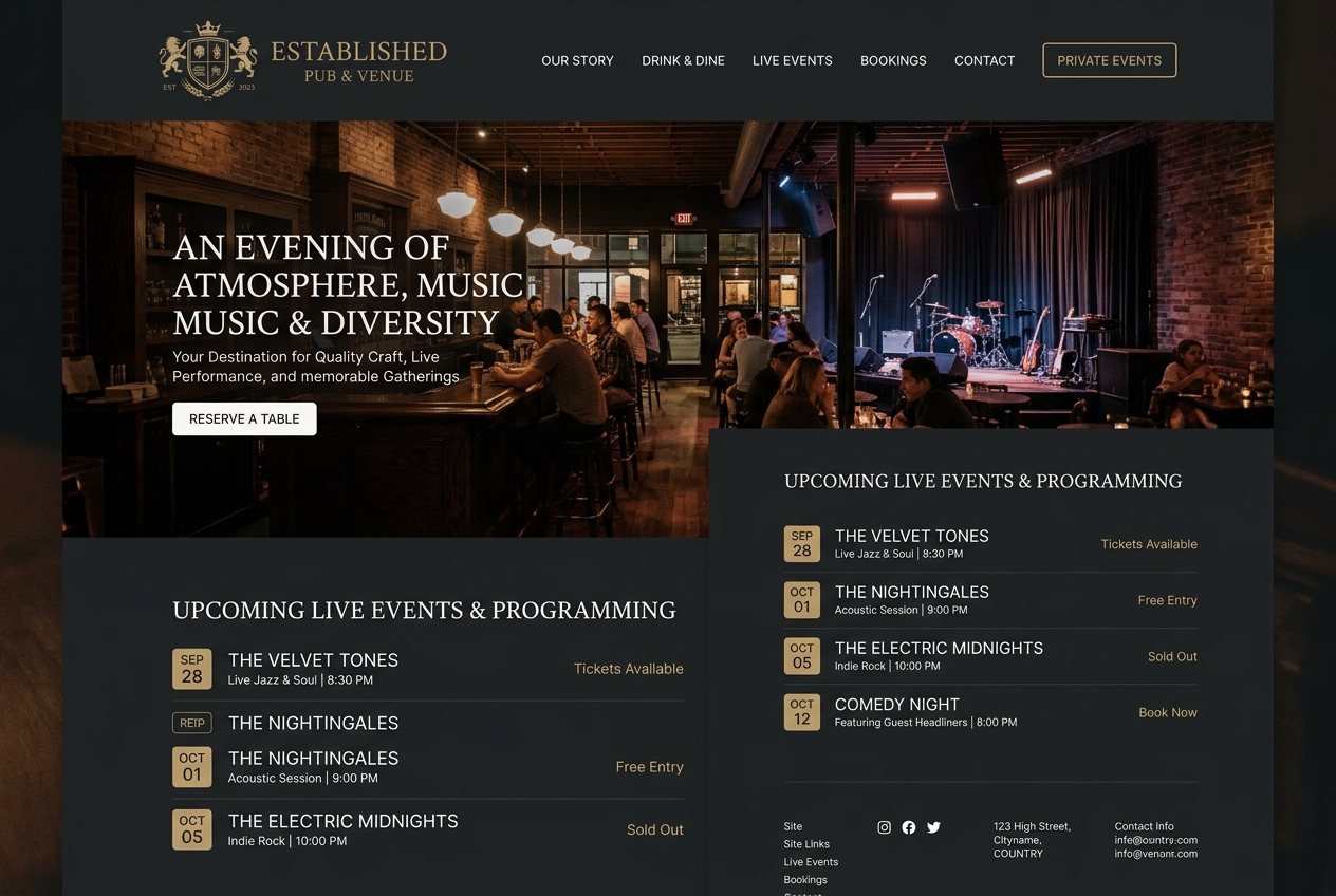 Pub & Live Events Venue website layout