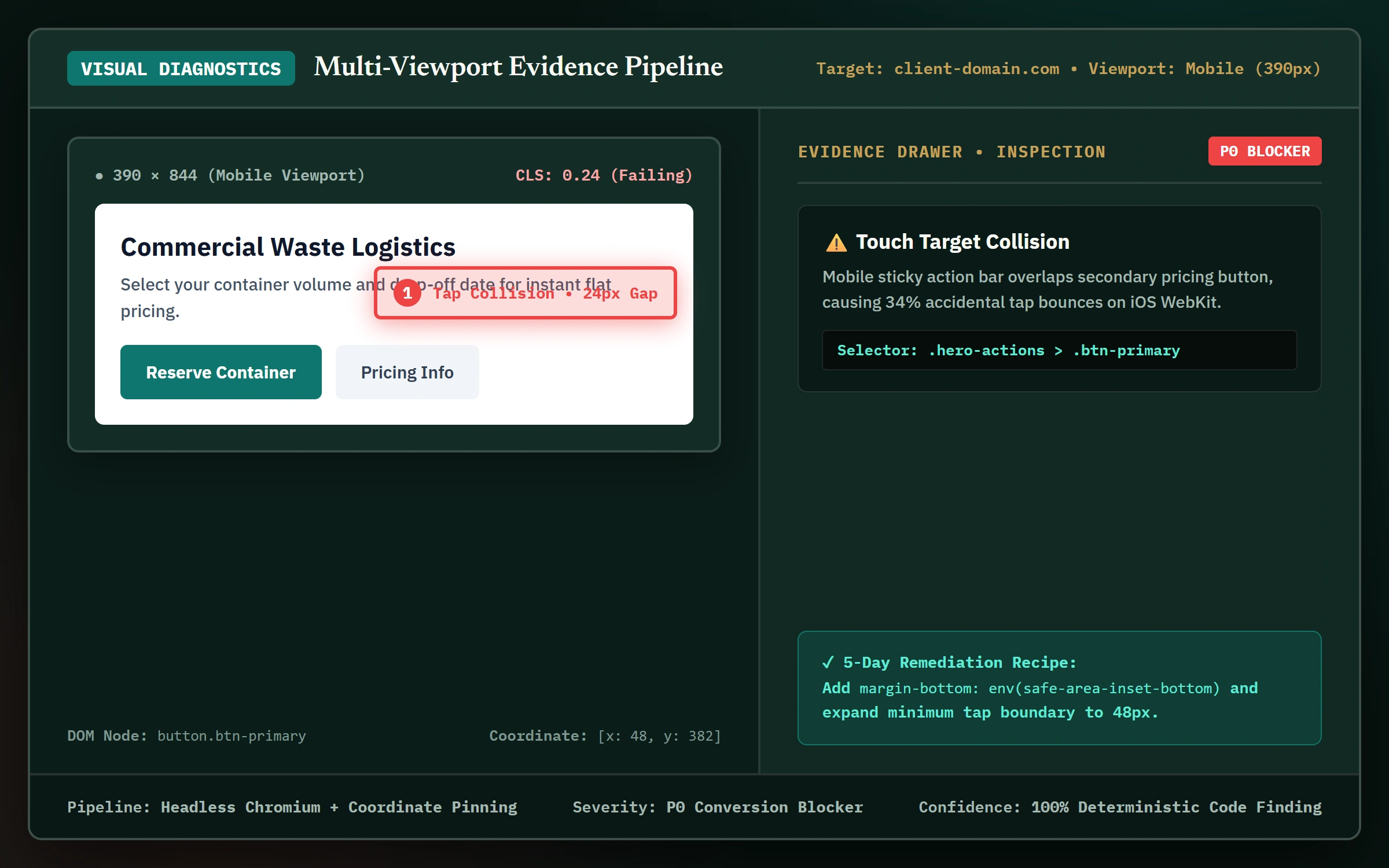 Website Audit System visual diagnostics pipeline and DOM evidence drawer