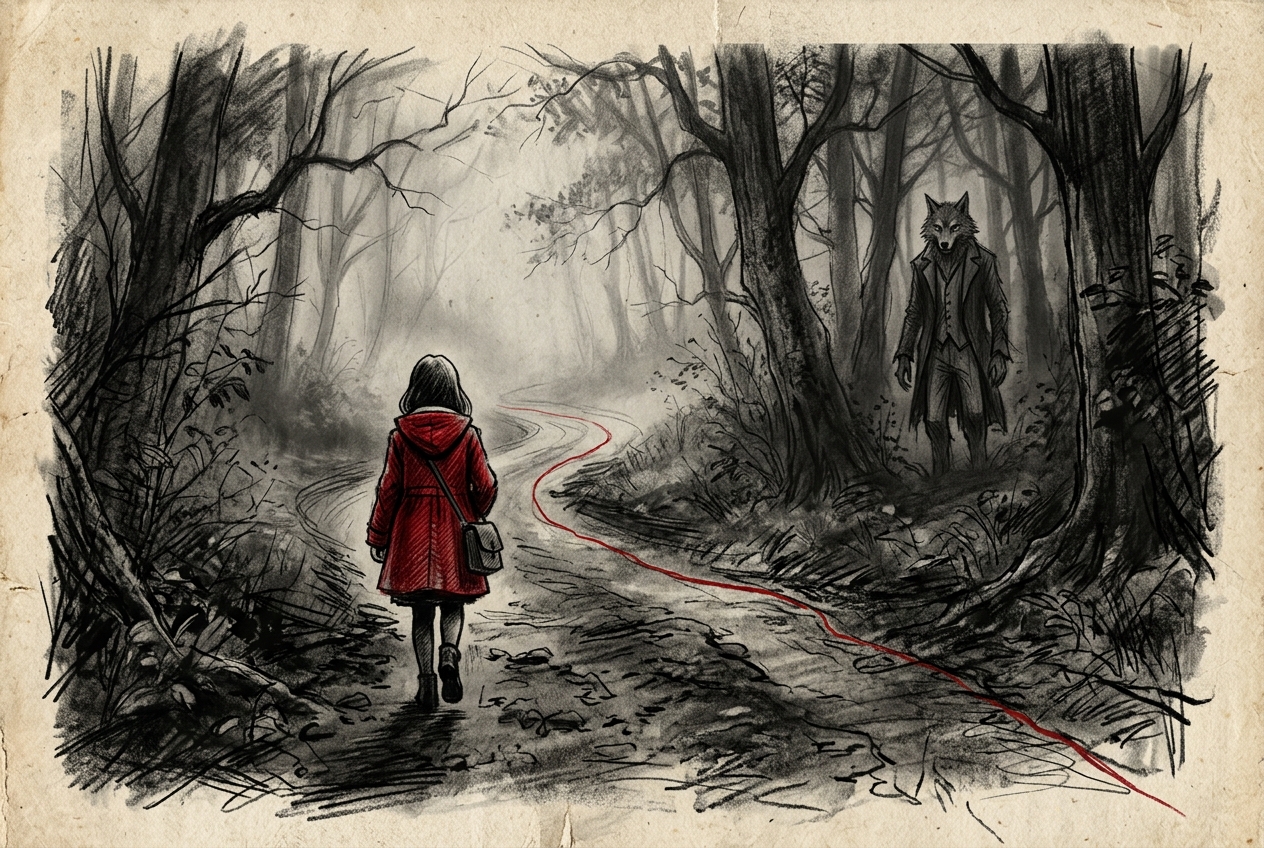 Charcoal illustration of a girl in a red coat walking away on a winding forest path with a subtle wolf standing among trees